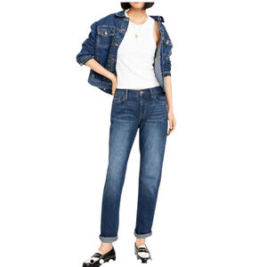 Old Navy Boyfriend Mid rise Medium Blue Jeans with Wisker Fade Plain Pocket